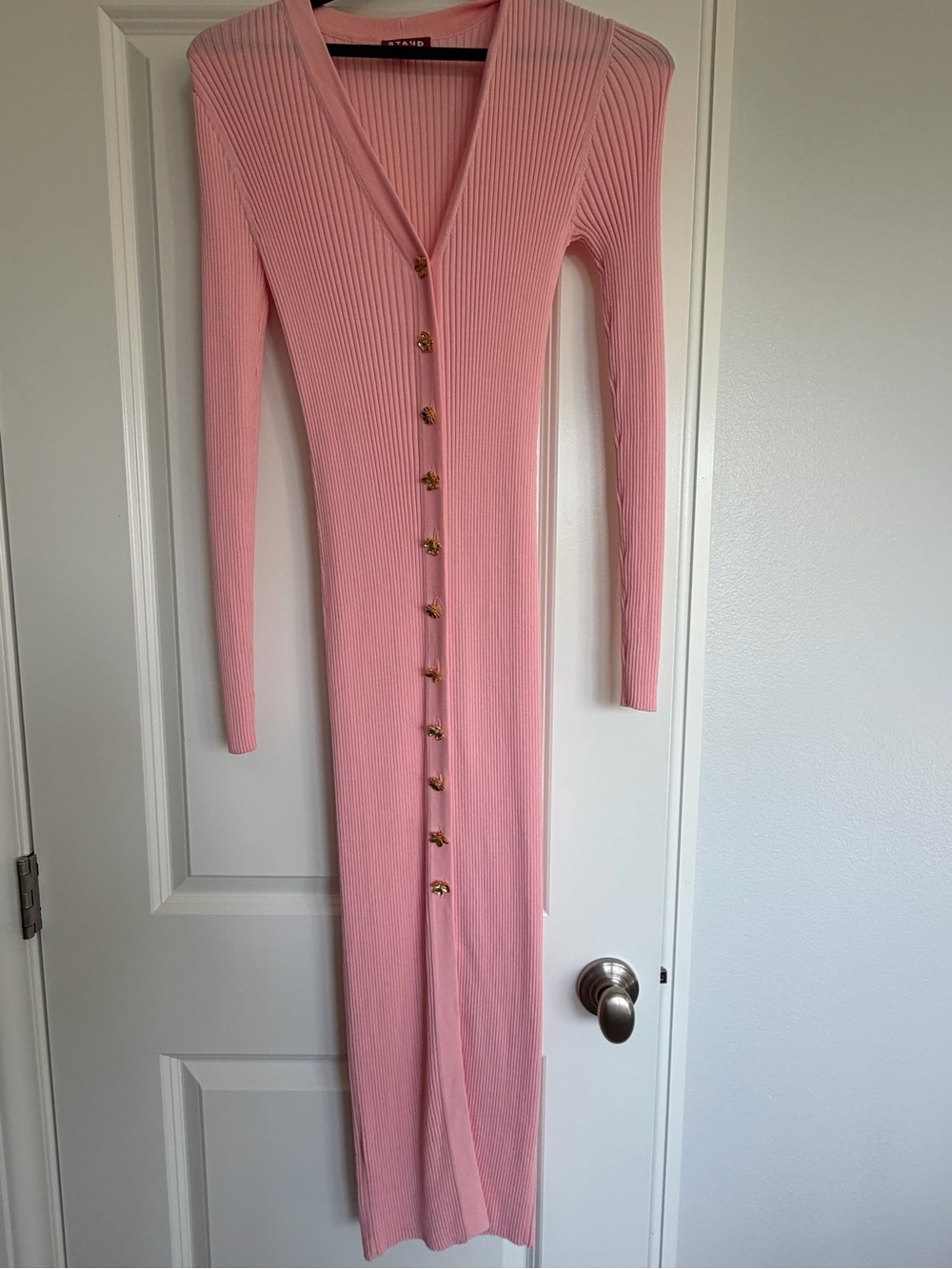 STAUD Pink Ribbed Long-Sleeve Button-Front Maxi Dress